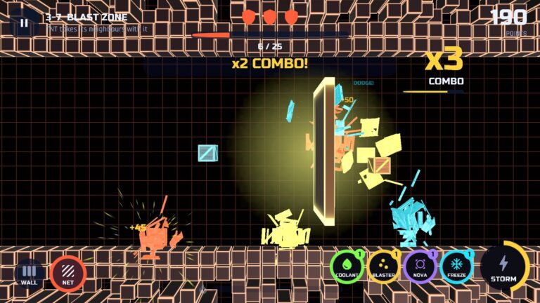 A wall stops a wave of crates in level 3-7, Blast Zone, for a x3 combo