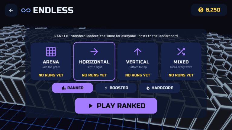 The Endless menu: Arena, Horizontal, Vertical and Mixed modes