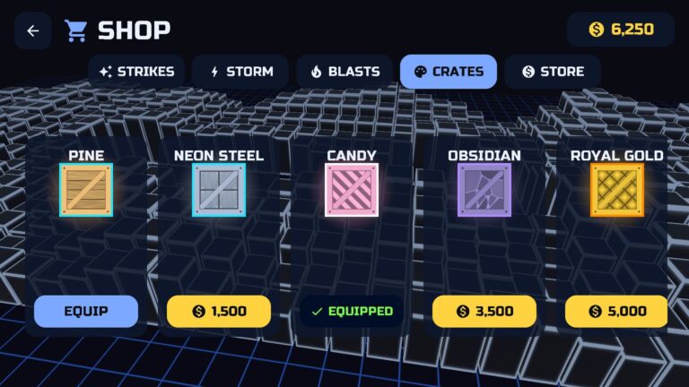 The Shop, with crate skins from Pine to Royal Gold