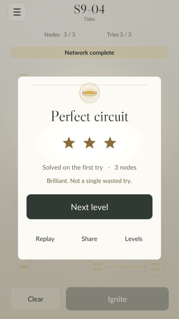 Perfect circuit: solved on the first try for three stars
